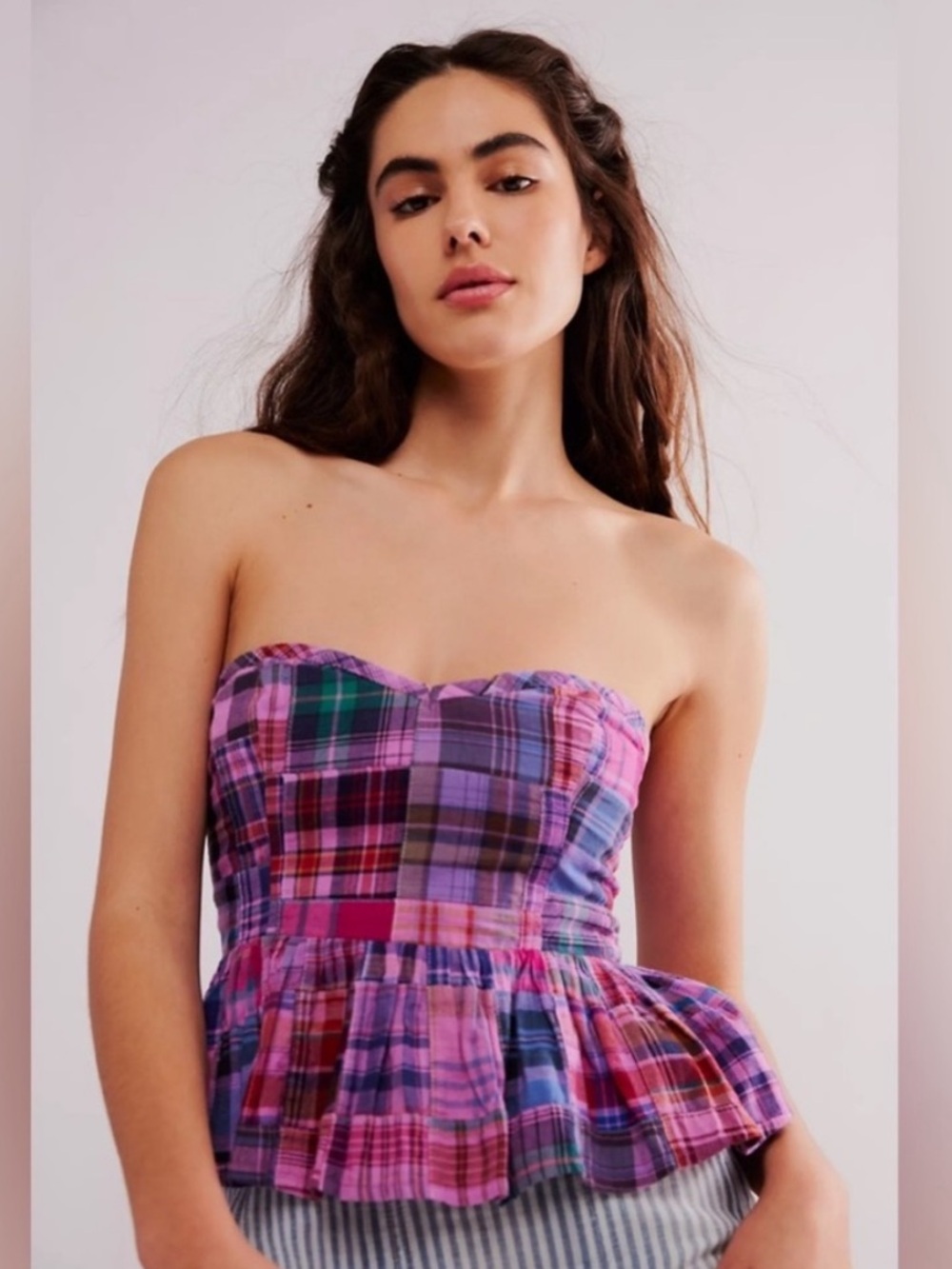 Free People Strapless Plaid Peplum Top